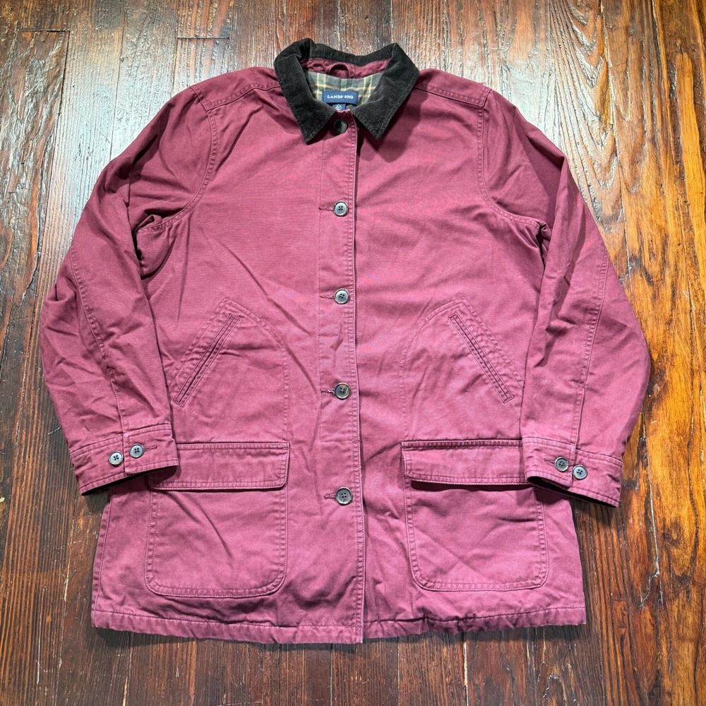 Lands End Jacket Womens L Red Plaid Lined Corduroy Collar Barn Chore Coat